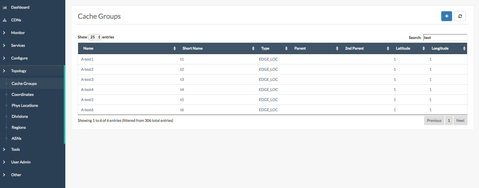 Screenshot of the Traffic Portal UI depicting the Cache Groups page