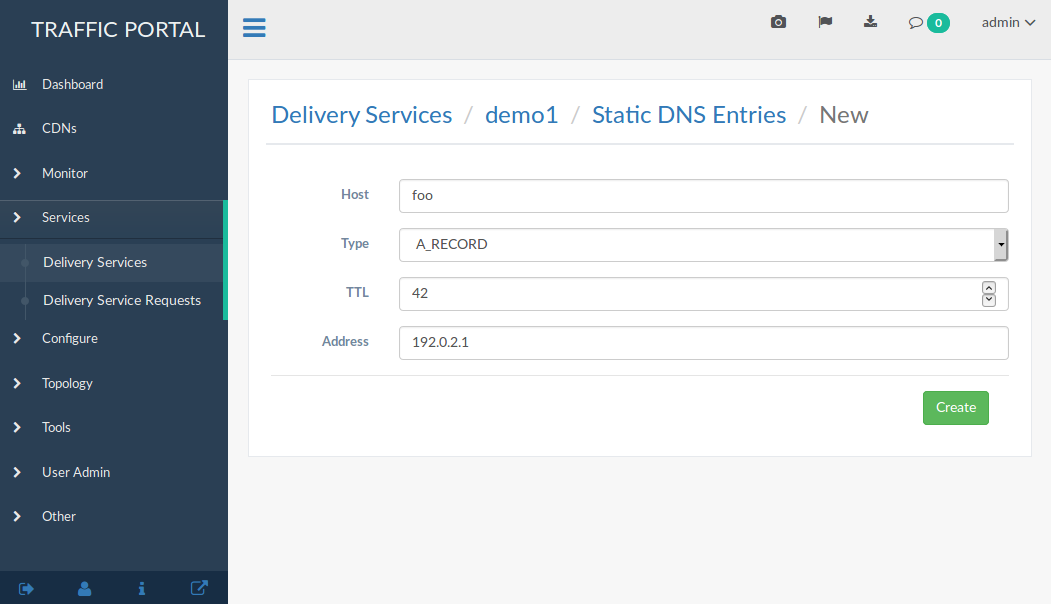 An example static DNS entry form