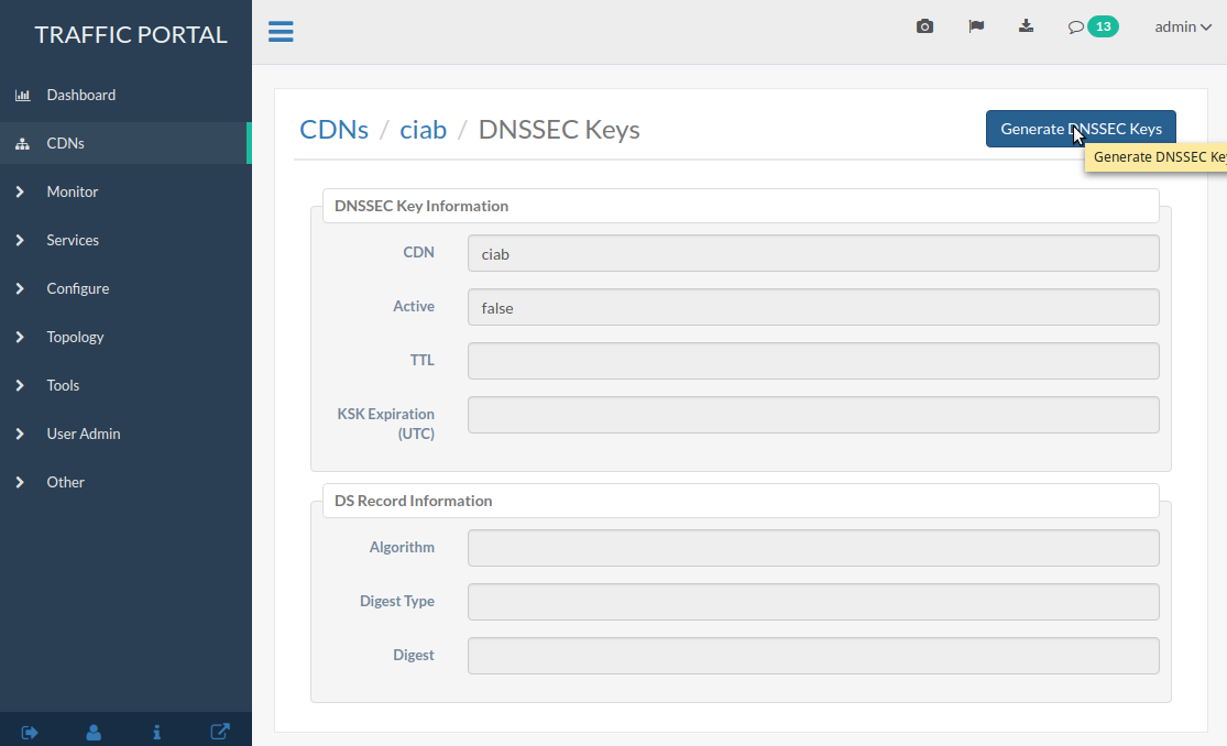 Screenshot of the Traffic Portal UI depicting the CDN DNSSEC Key Management page