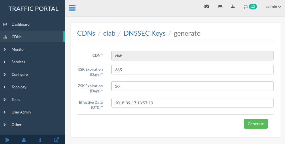Screenshot of the Traffic Portal UI depicting the CDN DNSSEC Key Generation page