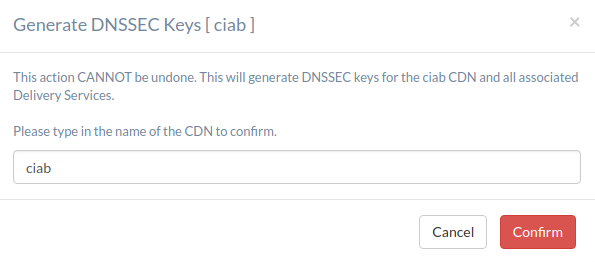 Screenshot of the Traffic Portal UI depicting the confirmation modal for committing changes to DNSSEC Keys.