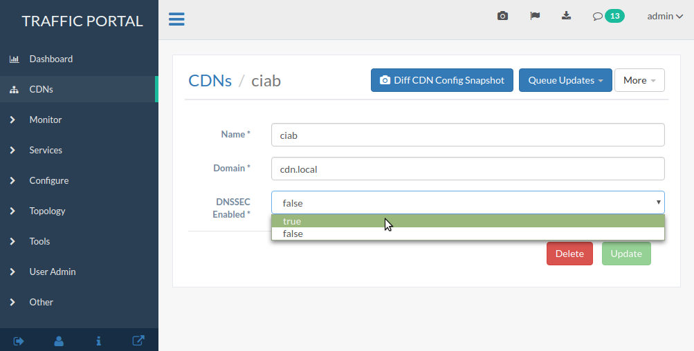 Screenshot of the Traffic Portal UI depicting the details page for a CDN when changing its 'DNSSEC Enabled' field